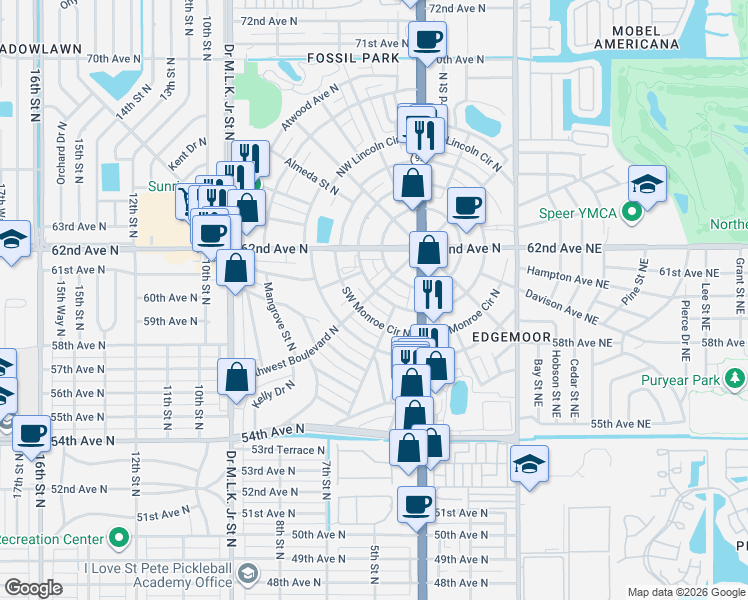 map of restaurants, bars, coffee shops, grocery stores, and more near 526 Southwest Boulevard North in St. Petersburg