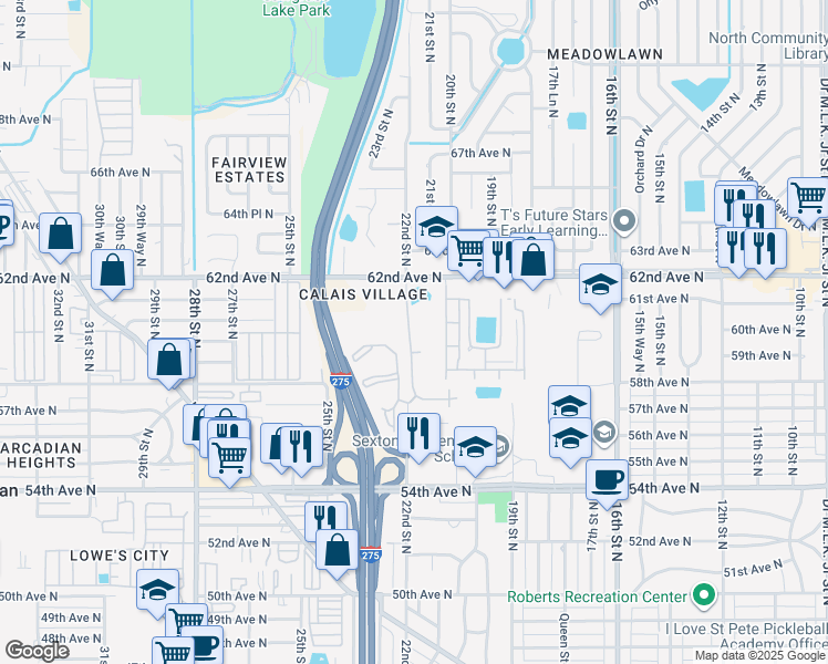 map of restaurants, bars, coffee shops, grocery stores, and more near 6045 Calais Boulevard North in St. Petersburg