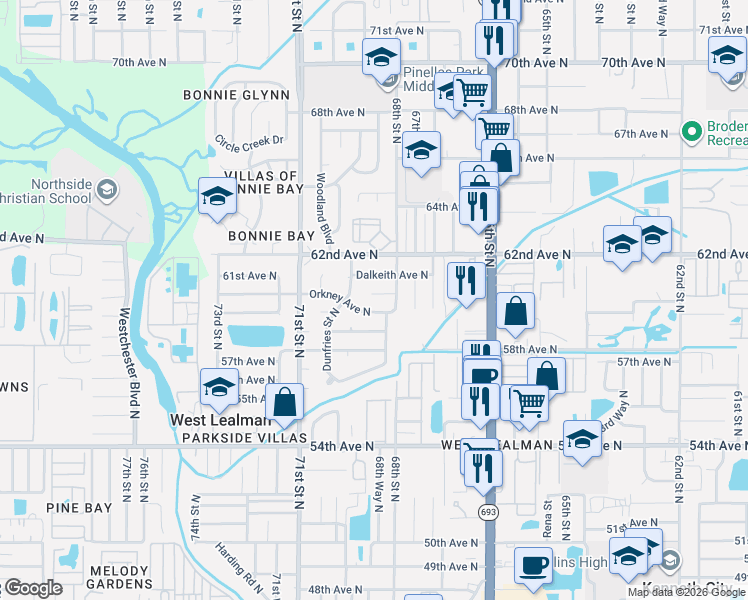 map of restaurants, bars, coffee shops, grocery stores, and more near 6944 Buhrley Terrace N in St Petersburg