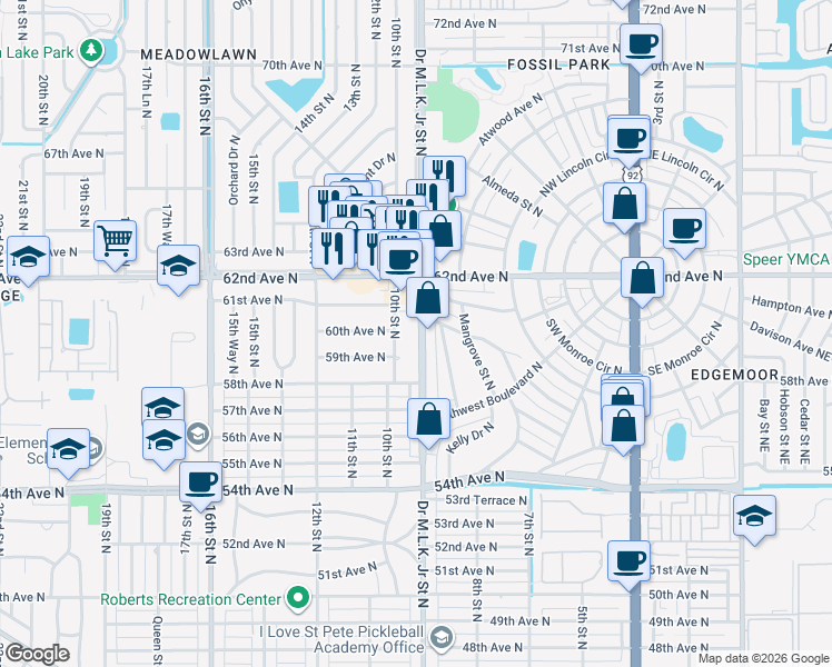 map of restaurants, bars, coffee shops, grocery stores, and more near 6010 Doctor Martin Luther King Junior Street North in St. Petersburg