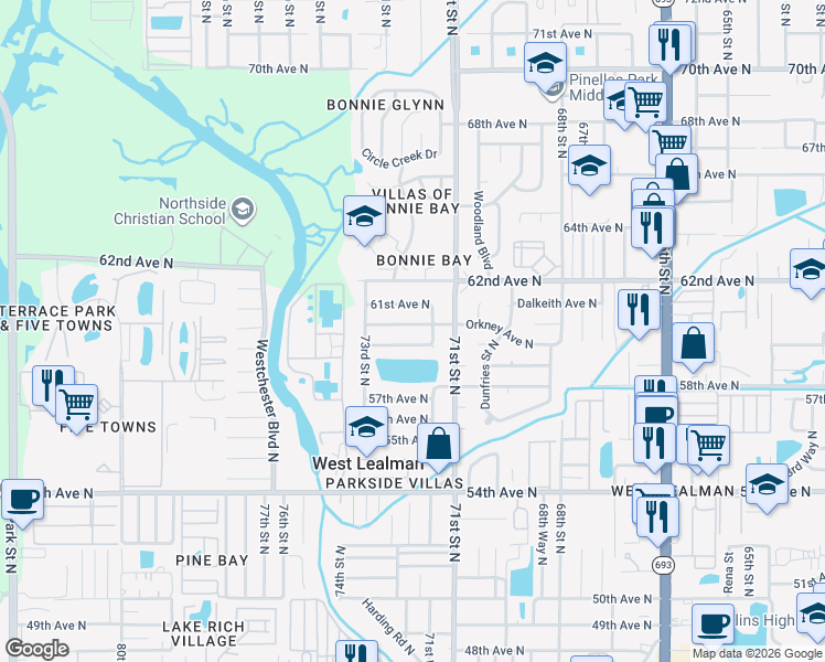 map of restaurants, bars, coffee shops, grocery stores, and more near 7250 Orkney Avenue North in Saint Petersburg