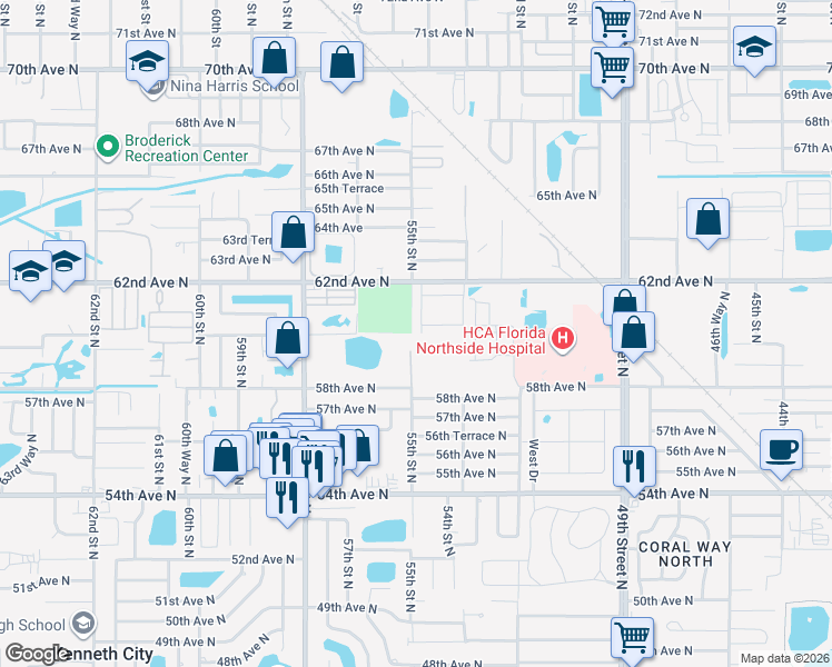 map of restaurants, bars, coffee shops, grocery stores, and more near 6000 54th Street North in Lealman