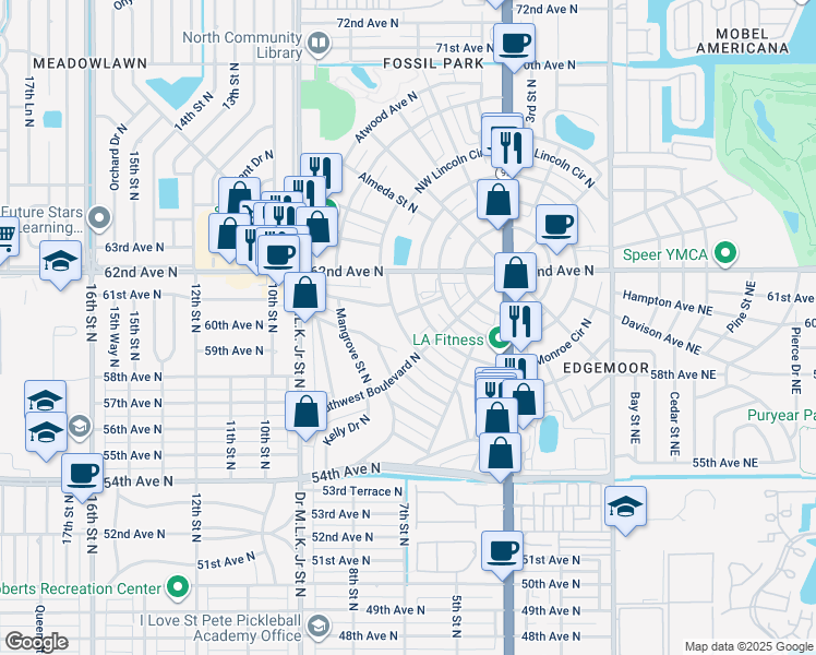 map of restaurants, bars, coffee shops, grocery stores, and more near 229 Southwest Lincoln Circle North in St. Petersburg