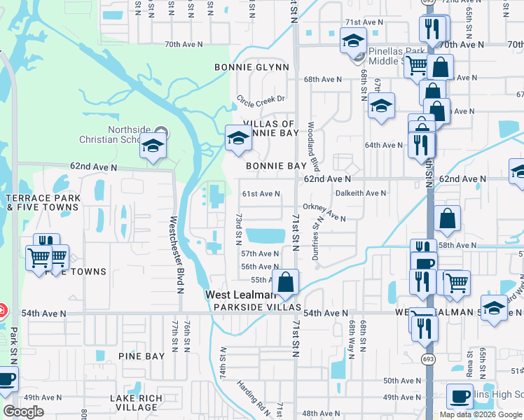 map of restaurants, bars, coffee shops, grocery stores, and more near 7250 Orkney Avenue North in St. Petersburg