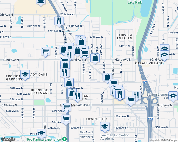 map of restaurants, bars, coffee shops, grocery stores, and more near 6020 31st Street North in St. Petersburg