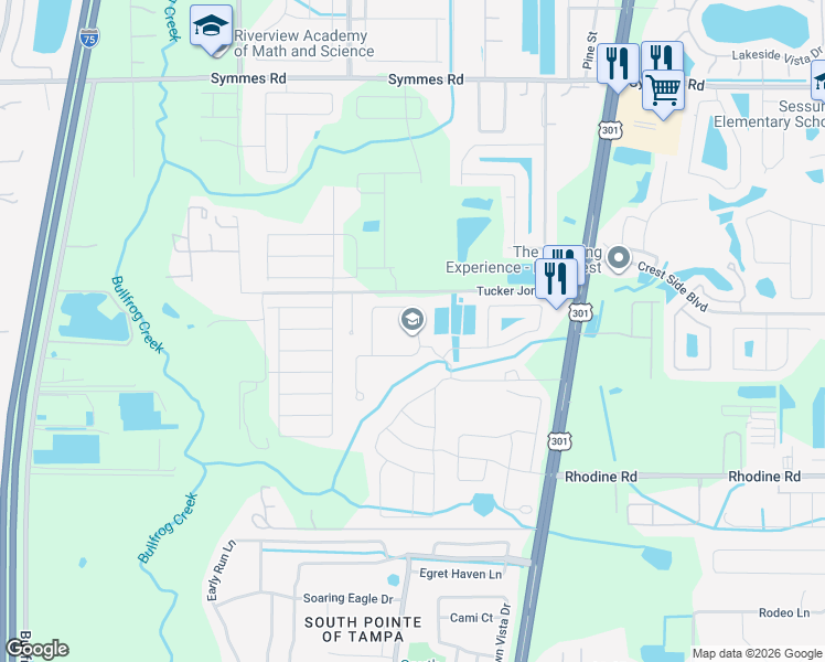 map of restaurants, bars, coffee shops, grocery stores, and more near 11851 Myrtle Rock Drive in Riverview