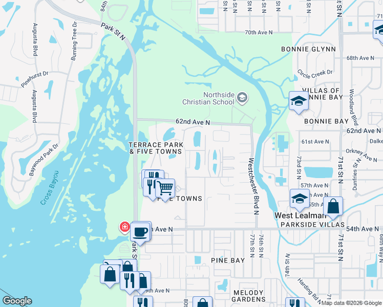 map of restaurants, bars, coffee shops, grocery stores, and more near 5970 80th Street North in St. Petersburg