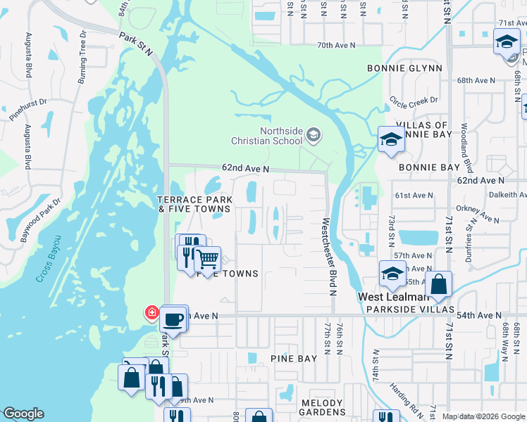 map of restaurants, bars, coffee shops, grocery stores, and more near 8199 Terrace Garden Drive North in St. Petersburg