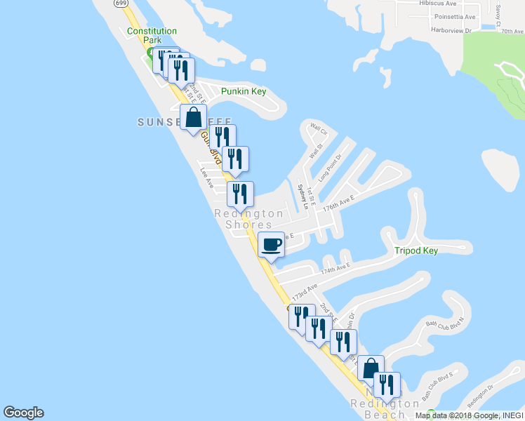 map of restaurants, bars, coffee shops, grocery stores, and more near 102 Wimbledon Court in Saint Petersburg