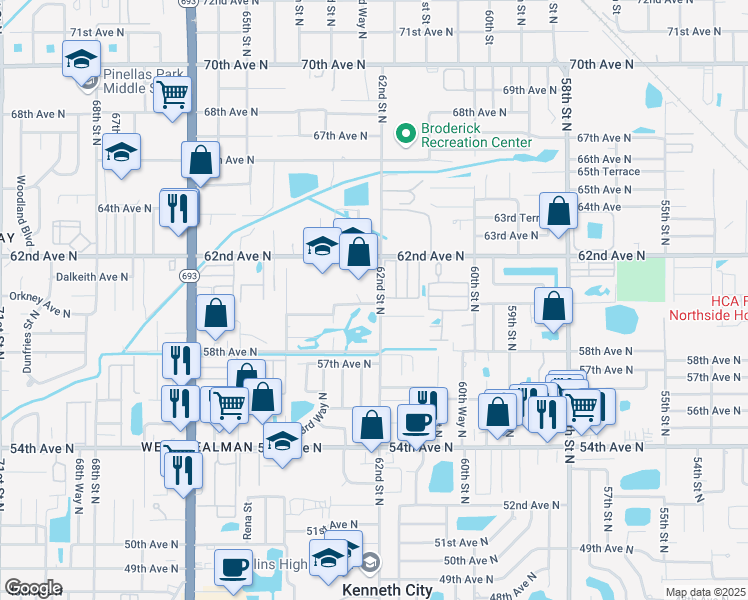 map of restaurants, bars, coffee shops, grocery stores, and more near 6010 62nd Street North in Saint Petersburg