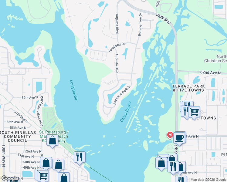 map of restaurants, bars, coffee shops, grocery stores, and more near 9050 Baywood Park Drive in Seminole