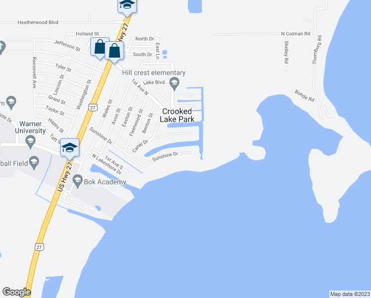 map of restaurants, bars, coffee shops, grocery stores, and more near 503 Sunshine Drive in Lake Wales