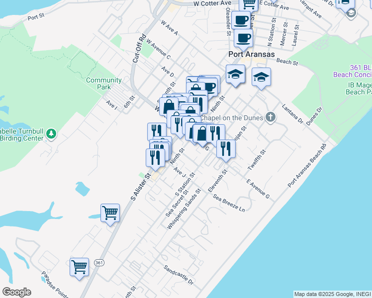 map of restaurants, bars, coffee shops, grocery stores, and more near 731 Ninth Street in Port Aransas
