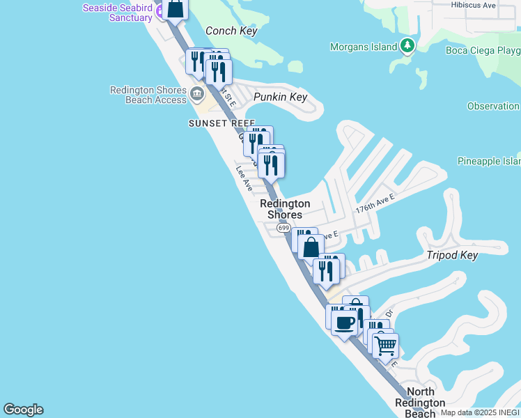 map of restaurants, bars, coffee shops, grocery stores, and more near 17720 Gulf Boulevard in Redington Shores