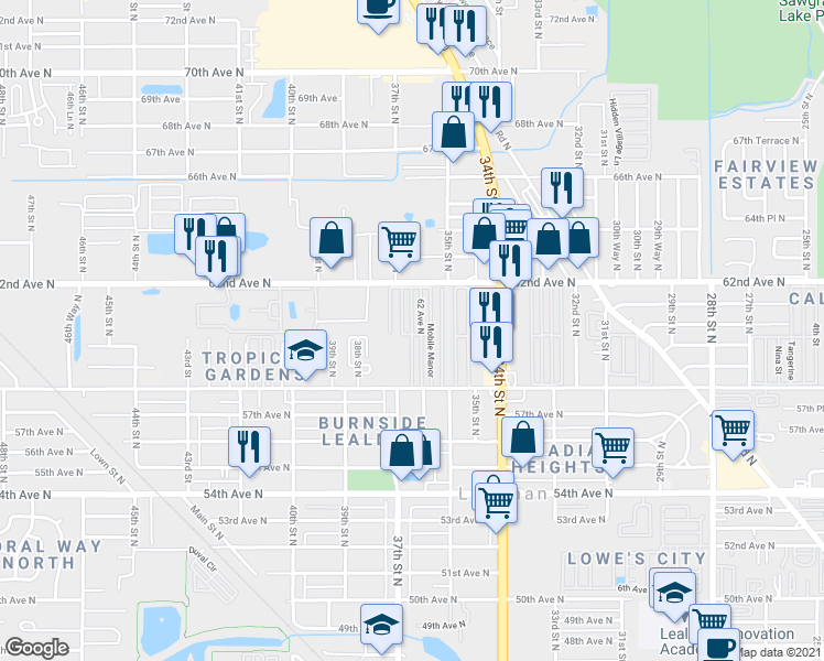 map of restaurants, bars, coffee shops, grocery stores, and more near 3540 62 Avenue North in St. Petersburg
