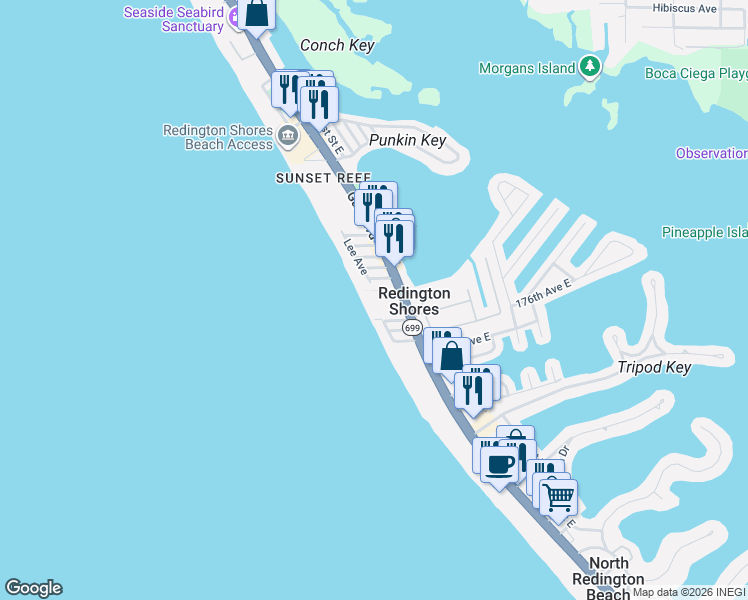 map of restaurants, bars, coffee shops, grocery stores, and more near 17710 Gulf Boulevard in Redington Shores