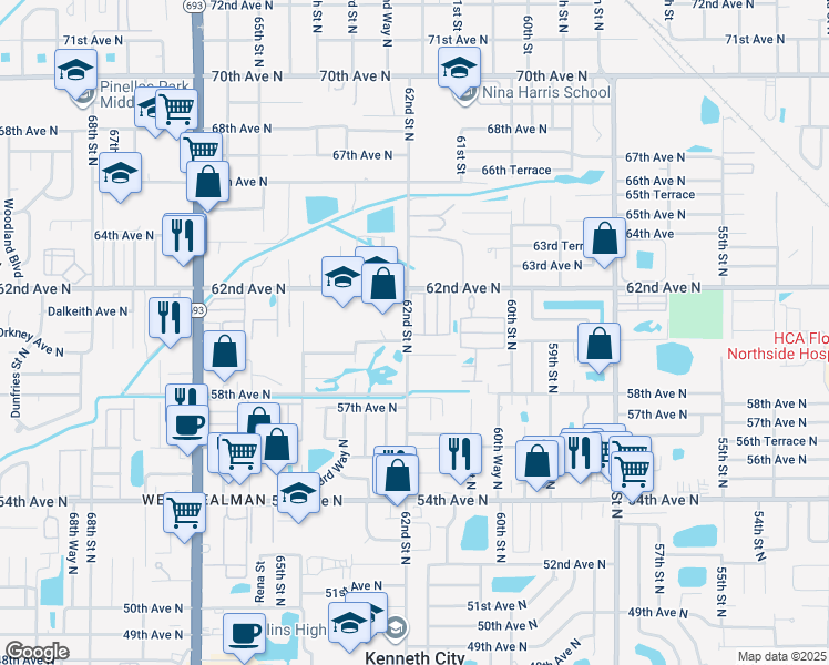map of restaurants, bars, coffee shops, grocery stores, and more near 6190 62nd Avenue North in Pinellas Park