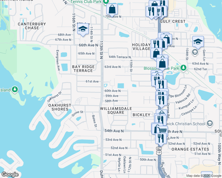 map of restaurants, bars, coffee shops, grocery stores, and more near 11211 60th Avenue North in Seminole