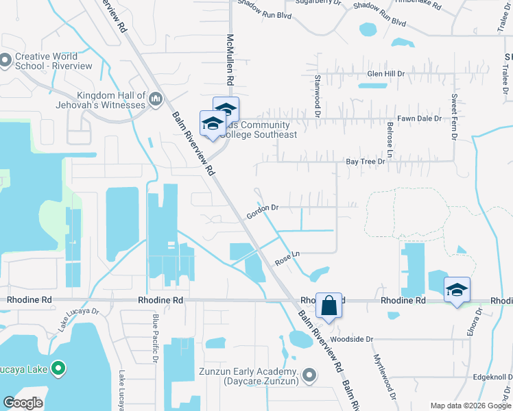 map of restaurants, bars, coffee shops, grocery stores, and more near 11802 Gordon Drive in Riverview