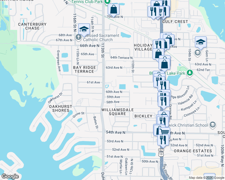 map of restaurants, bars, coffee shops, grocery stores, and more near 11200 60th Avenue North in Seminole