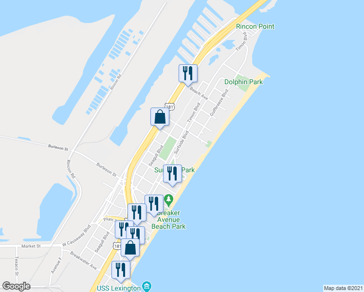 map of restaurants, bars, coffee shops, grocery stores, and more near 4014 Surfside Boulevard in Corpus Christi