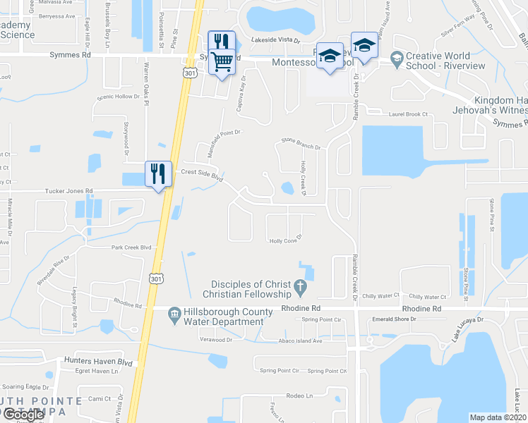 map of restaurants, bars, coffee shops, grocery stores, and more near 11036 Holly Cone Drive in Riverview