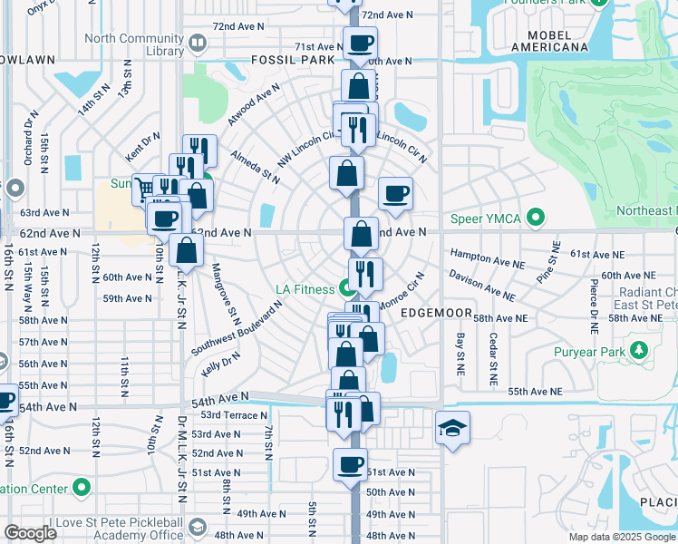 map of restaurants, bars, coffee shops, grocery stores, and more near 111 Southwest Madison Circle North in St. Petersburg