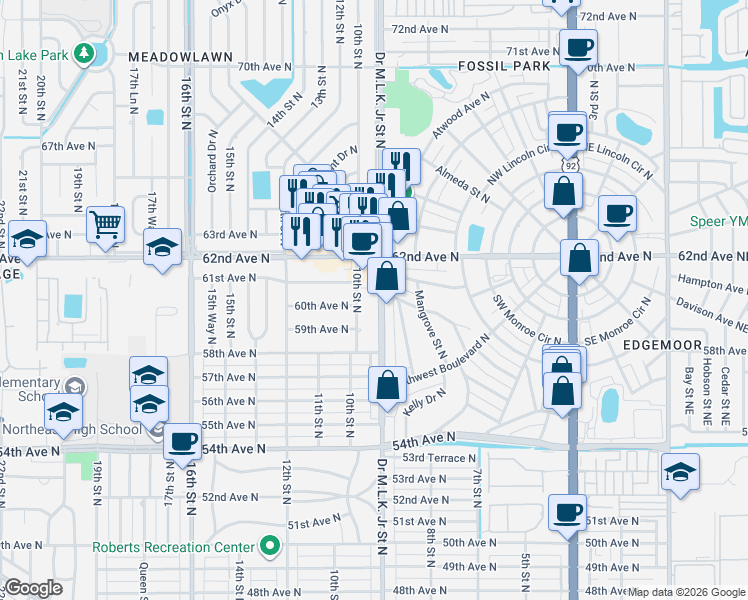 map of restaurants, bars, coffee shops, grocery stores, and more near 6010 Doctor Martin Luther King Junior Street North in St. Petersburg