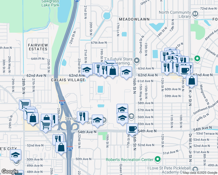 map of restaurants, bars, coffee shops, grocery stores, and more near 5920 18th Street North in St. Petersburg