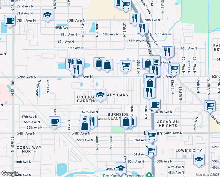 map of restaurants, bars, coffee shops, grocery stores, and more near 5853 39th Street North in St. Petersburg