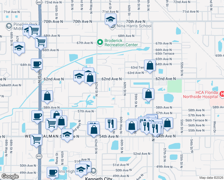 map of restaurants, bars, coffee shops, grocery stores, and more near 6100 62nd Avenue North in Pinellas Park