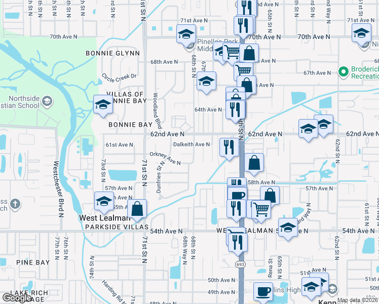 map of restaurants, bars, coffee shops, grocery stores, and more near 6001 Applecross Street North in St. Petersburg
