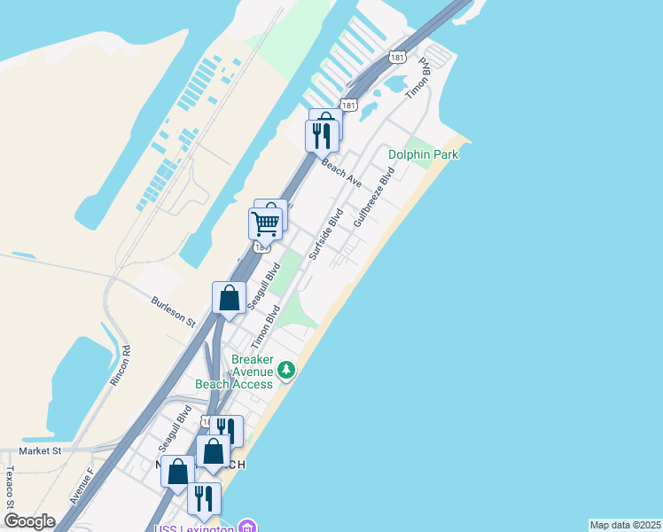 map of restaurants, bars, coffee shops, grocery stores, and more near 4000 Surfside Boulevard in Corpus Christi