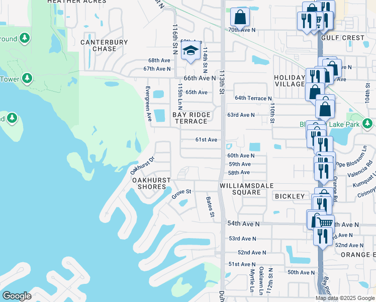 map of restaurants, bars, coffee shops, grocery stores, and more near 11522 60th Terrace in Seminole