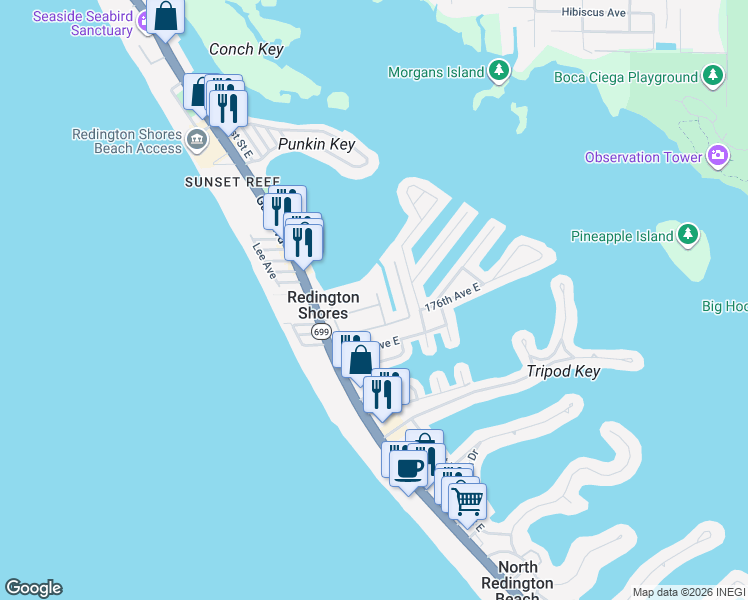 map of restaurants, bars, coffee shops, grocery stores, and more near 113 Wimbledon Court in Redington Shores