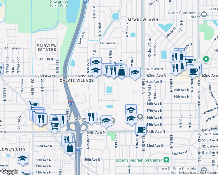 map of restaurants, bars, coffee shops, grocery stores, and more near 1900 61st Avenue North in St. Petersburg