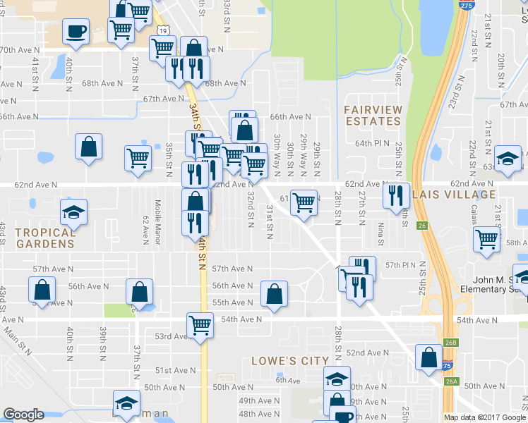 map of restaurants, bars, coffee shops, grocery stores, and more near 6020 31st Street North in St. Petersburg
