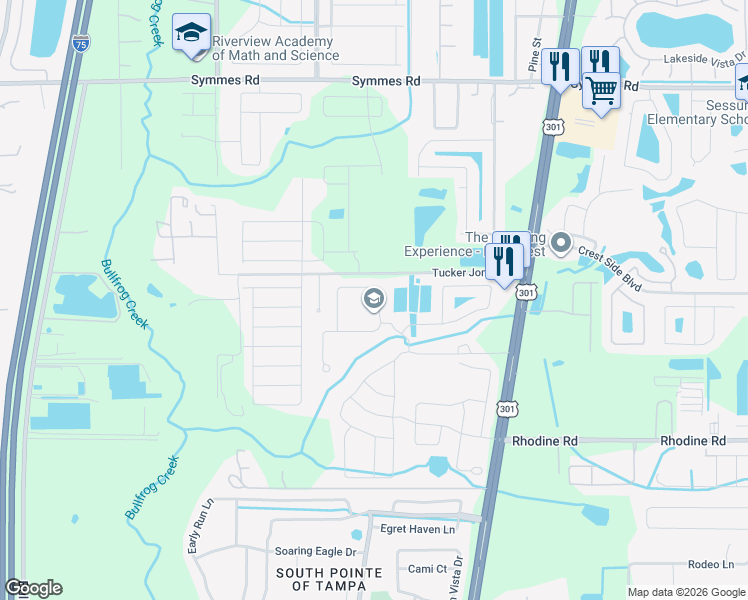 map of restaurants, bars, coffee shops, grocery stores, and more near 11851 Myrtle Rock Drive in Riverview