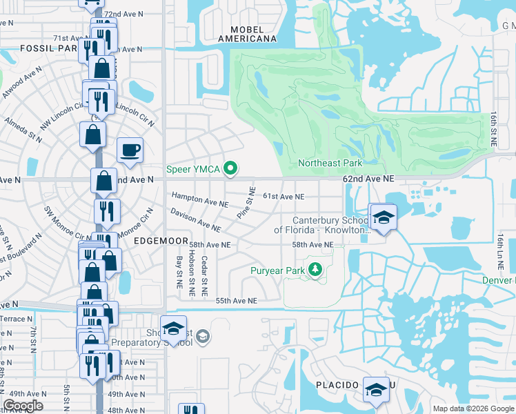 map of restaurants, bars, coffee shops, grocery stores, and more near 516 Hampton Avenue Northeast in St. Petersburg