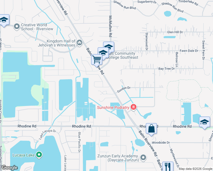 map of restaurants, bars, coffee shops, grocery stores, and more near 11748 Albatross Lane in Riverview