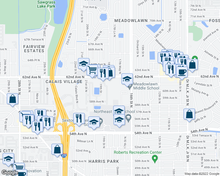map of restaurants, bars, coffee shops, grocery stores, and more near 1770 62nd Avenue North in St. Petersburg