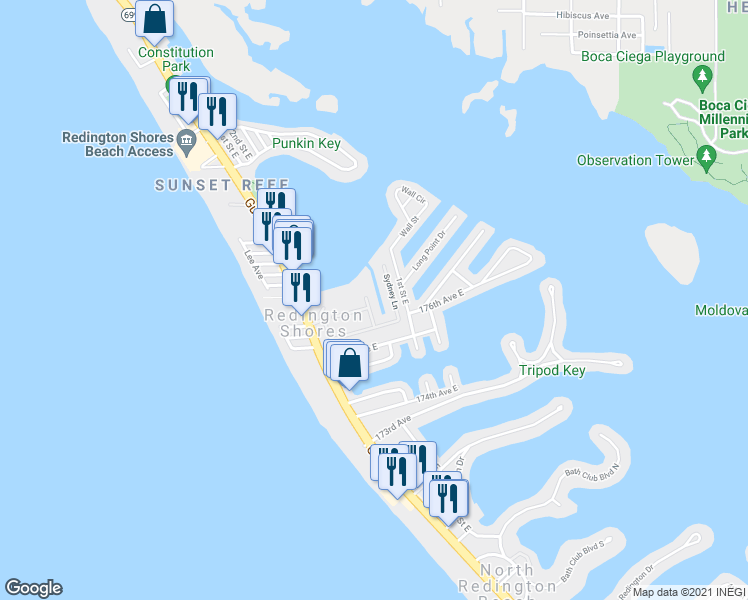map of restaurants, bars, coffee shops, grocery stores, and more near 309 Fremantle Way in Redington Shores