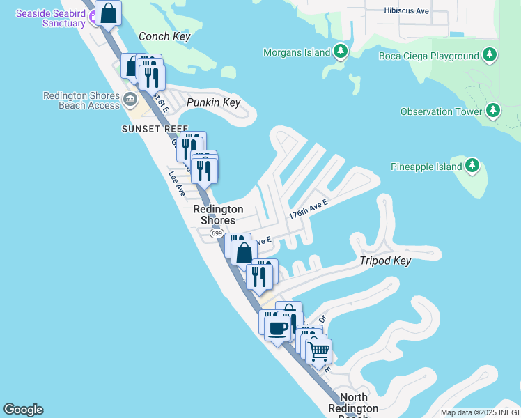map of restaurants, bars, coffee shops, grocery stores, and more near 309 Fremantle Way in Redington Shores