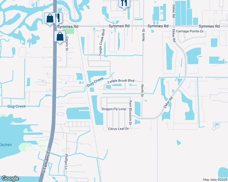 map of restaurants, bars, coffee shops, grocery stores, and more near 7617 Tangle Rush Drive in Gibsonton