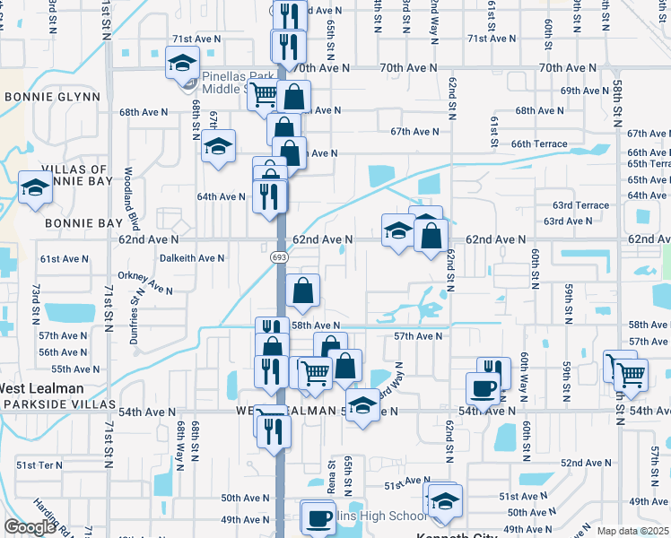 map of restaurants, bars, coffee shops, grocery stores, and more near 5975 66th Terrace in Pinellas Park