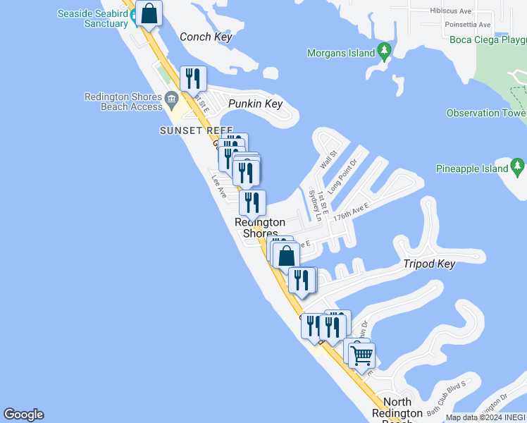 map of restaurants, bars, coffee shops, grocery stores, and more near 17715 Gulf Boulevard in Redington Shores