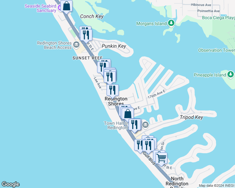 map of restaurants, bars, coffee shops, grocery stores, and more near 17715 Gulf Boulevard in Redington Shores