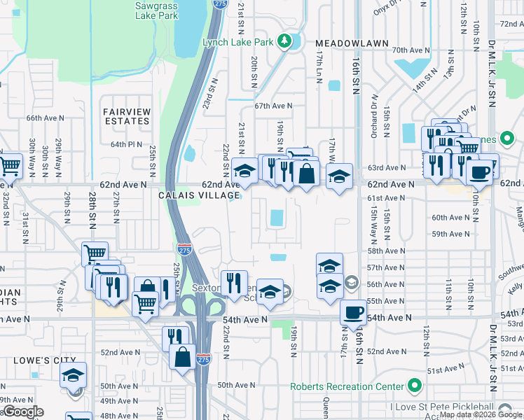 map of restaurants, bars, coffee shops, grocery stores, and more near 1900 61st Avenue North in St. Petersburg