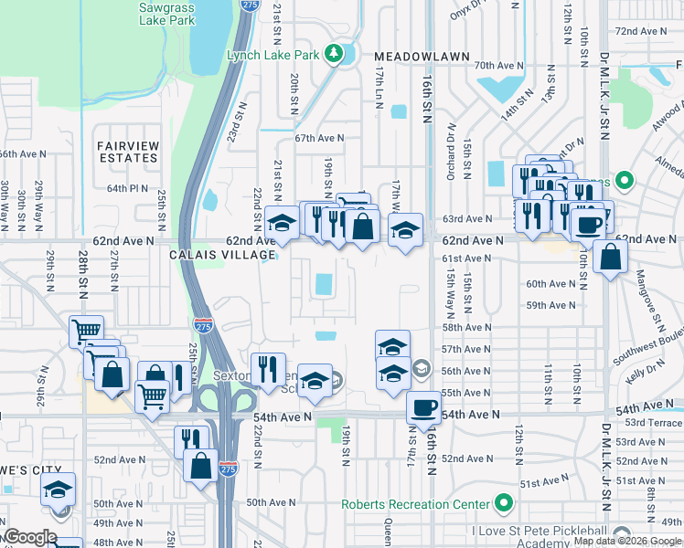 map of restaurants, bars, coffee shops, grocery stores, and more near 5920 18th Street North in St. Petersburg