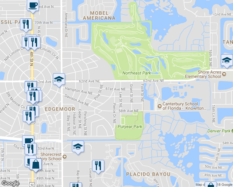 map of restaurants, bars, coffee shops, grocery stores, and more near 6009 Pierce Drive Northeast in St. Petersburg